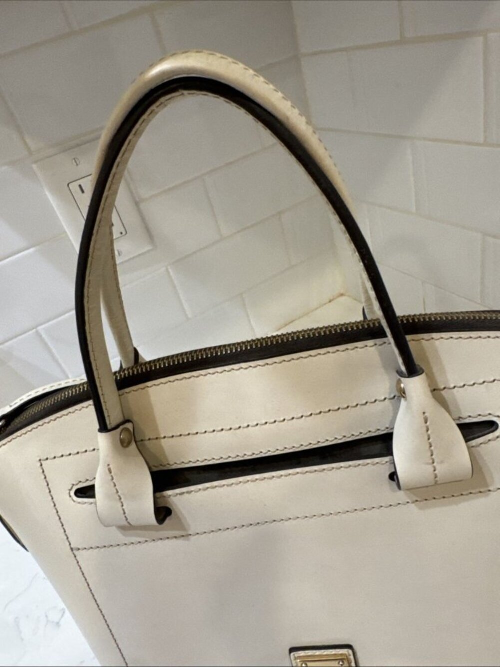 As Is Dooney and Bourke Beacon Cream Leather Satchel Bag - Picture 3 of 16